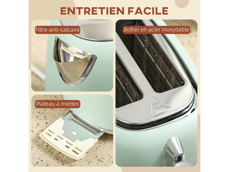  Ensemble bouilloire et grille-pain, vert, bouilloire en acier inoxydable 1,7 l et 2200 w et grille-pain à 2 tranches  - Conforama W