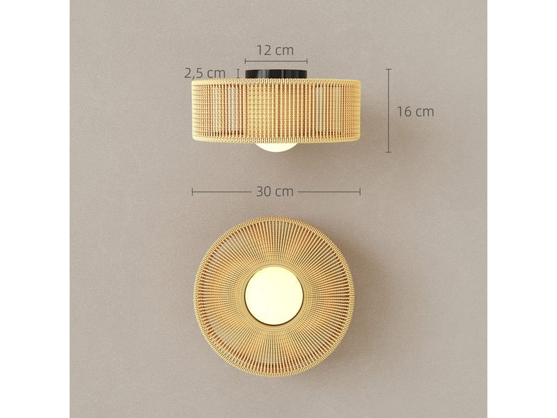  Plafonnier de style bohème, suspendu avec douille led g9, abat-jour rond en corde de chanvre  - Conforama C