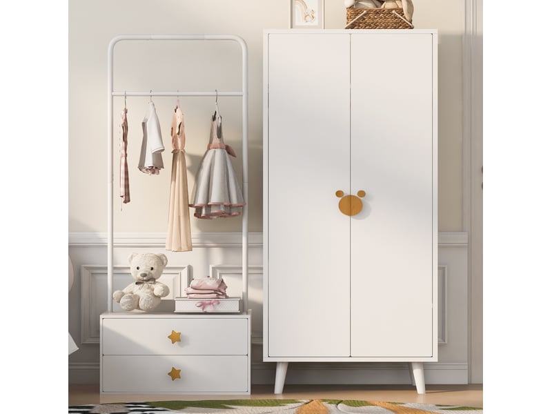  Armoire enfant 2 portes 70 x 55 x 170 cm avec rangement, blanc et bois  - Conforama B