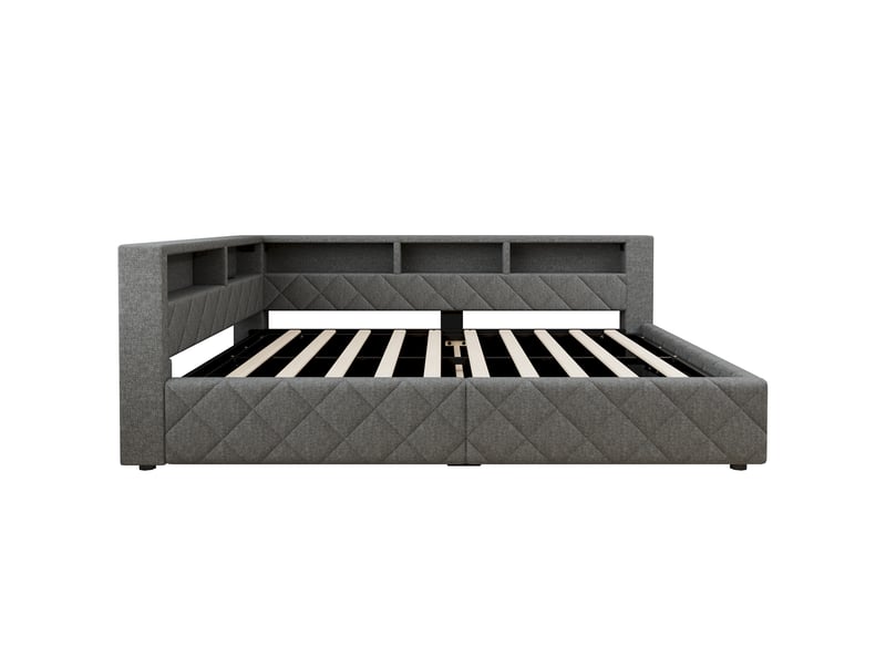  Lit banquette coffre 140 × 200 cm en lin gris, rangement hydraulique, led, usb et niche ouverte Fay Lum - Conforama D