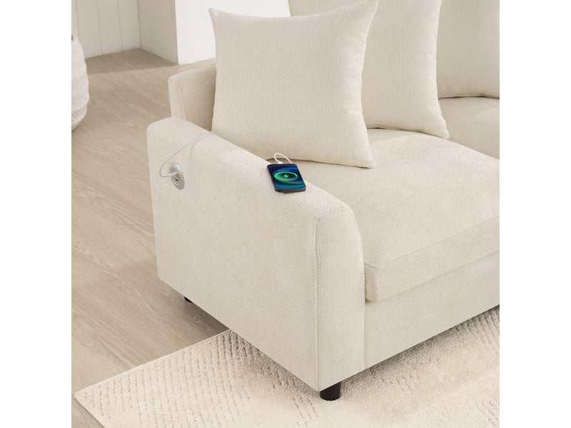  Canapé d'angle modulable, canapé 6 places en chenille beige, ports usb et type-c avec 2 poufs amovibles pour salon et salle de séjour.  - Conforama E