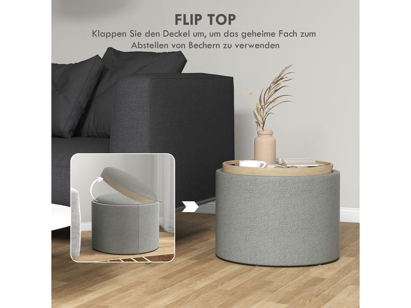  Pouf tabouret rond avec espace de rangement et couvercle rabattable aspect lin gris ø56 x 42 cm pour salon chambre 838-435V80GY - Conforama D