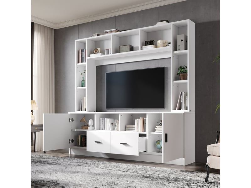 Ensemble meuble tv 180x35x170 cm blanc en panneaux de particules, 2 placards, 2 tiroirs et 11 niches  - Conforama B