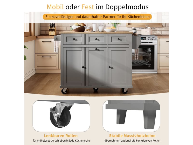  Îlot de cuisine, tiroirs compartiment poubelle îlot central, plateau extensible coin repas, roulettes pivotantes, gris  - Conforama E