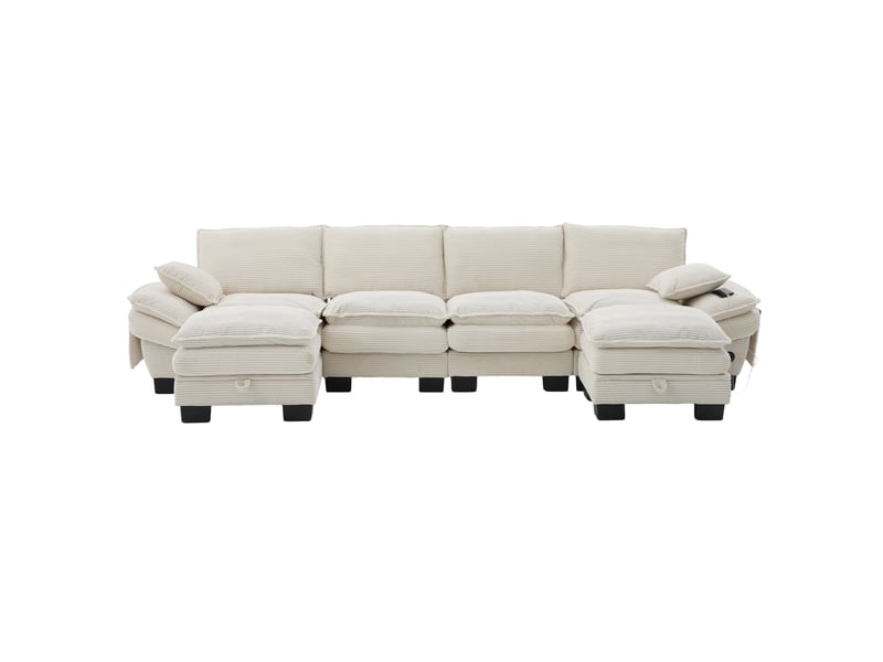 Canapé modulable 4 places avec 2 poufs beige en velours côtelé, port usb-c - Conforama A
