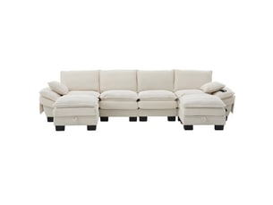 Canapé modulable 4 places avec 2 poufs beige en velours côtelé, port usb-c