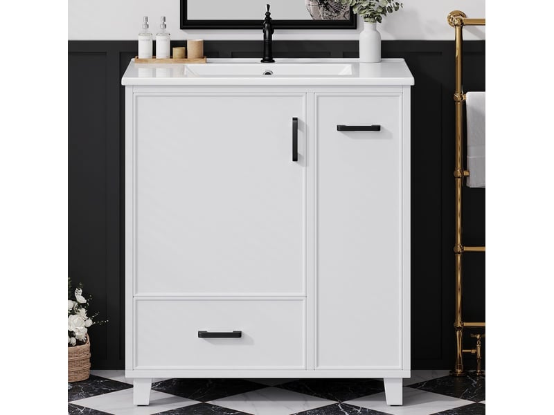  Meuble sous vasque sur pieds avec 1 porte, 2 tiroirs et vasque en céramique pour salle de bain blanc 76,5 × 47 × 82 cm  - Conforama E