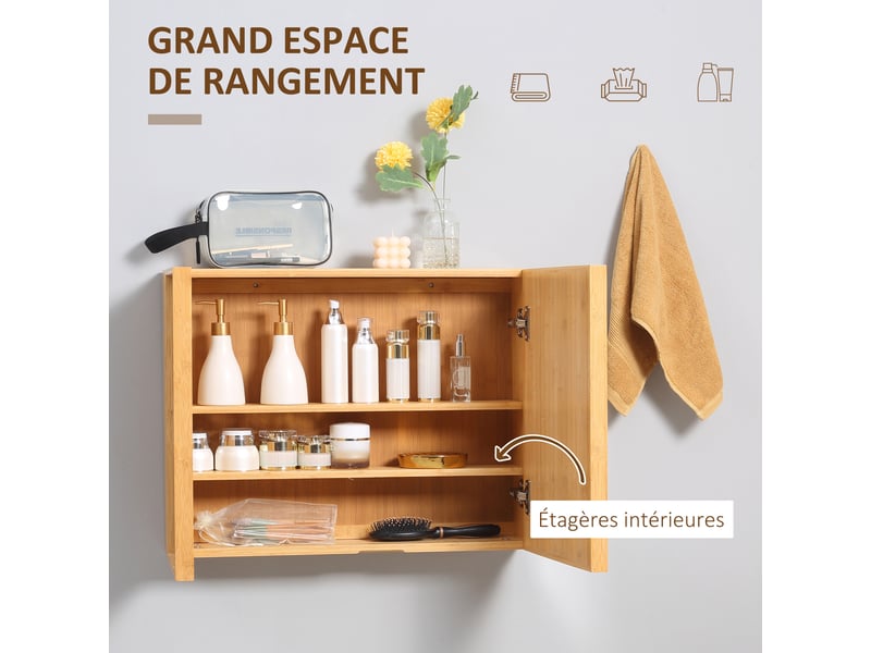 Armoire murale de salle de bain avec miroirs et 2 portes en bambou 65,2 x 14 x 50 cm - Conforama D