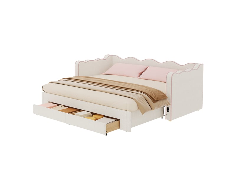  Canapé-lit 90x200 cm, lit enfant, couchage d'appoint, 2 tiroirs, extensible, port usb, tissu bouclé beige  - Conforama B