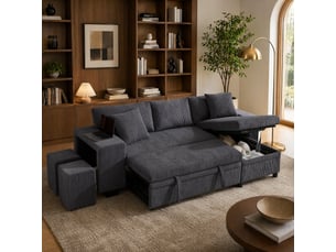 Canapé d'angle convertible 3 places en velours côtelé gris foncé avec rangement, usb et type-c intégrés