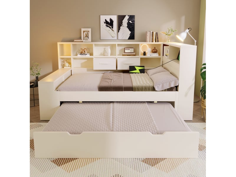  Lit gigogne, 90x190 cm, couchage gigogne, doté d’un espace de rangement, connectiques usbtype c, bois, coloris blanc  - Conforama D