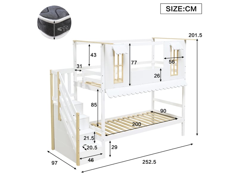  Lit superposé enfant 90 x 200 cm blanc et naturel avec escalier de rangement  - Conforama E