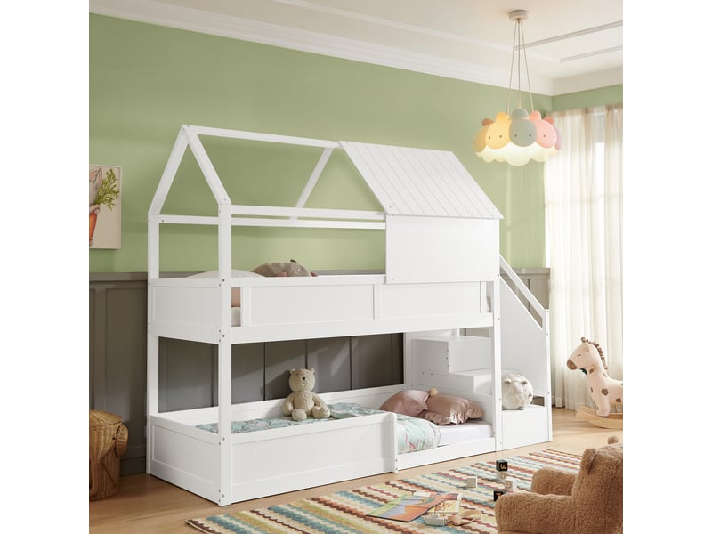  Lit superposé enfant 2 couchages 80×200 cm, barrière et escalier - okmyhome- bois massif blanc, sans matelas  - Conforama B
