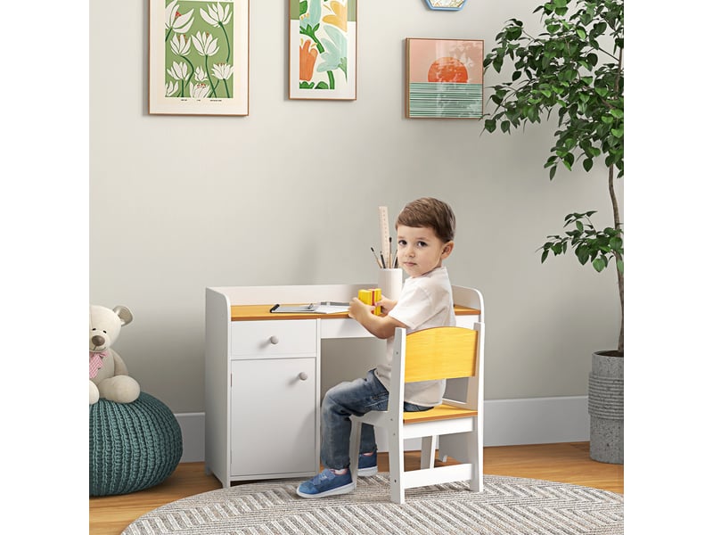  Bureau enfant avec chaise, ensemble bureau 2 pièces avec tiroir et armoire, blanc et naturel  - Conforama B