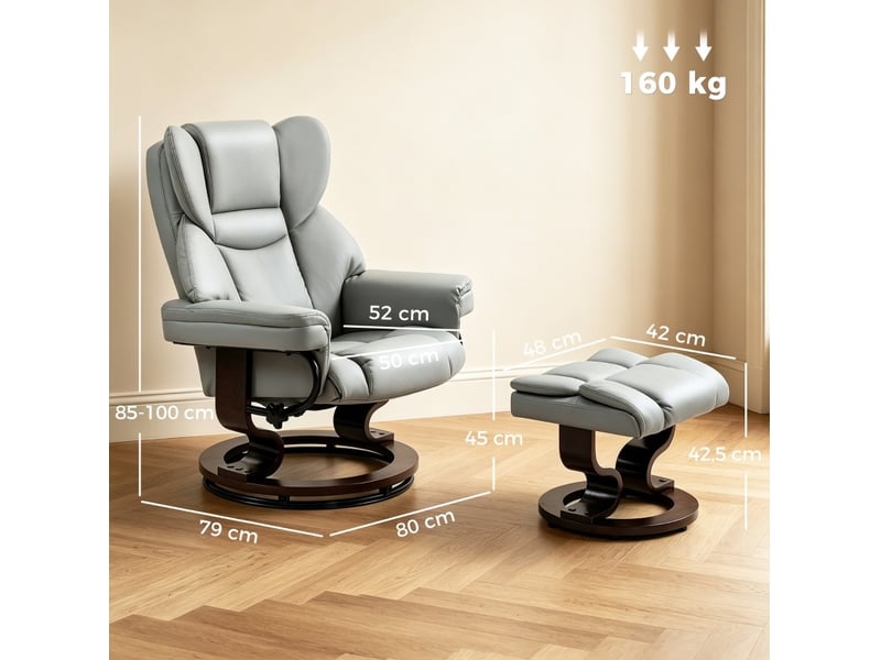 Fauteuil relax pivotant avec repose-pieds, dossier inclinable jusqu’à 145 degrés, gris clair  - Conforama C