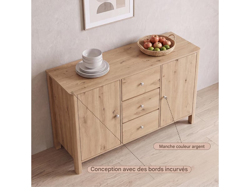  Buffet 2 portes 3 tiroirs en panneau de particules coloris chêne 120x40x80 cm  - Conforama D