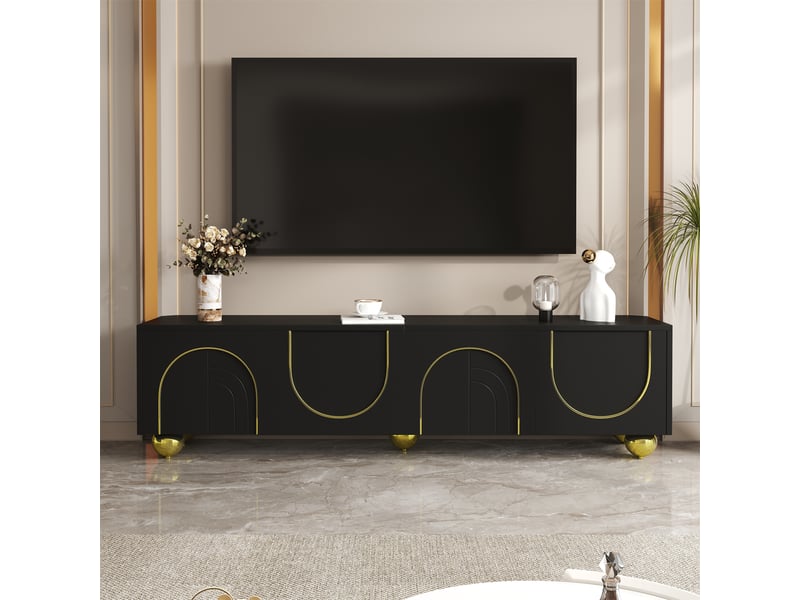  Meuble tv 4 portes avec étagères et ouverture push pour salon 170×38×44 cm noir et or  - Conforama B