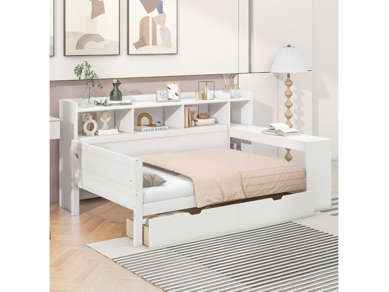 Lit combiné 90 x 200 cm avec bureau, rangements, 2 tiroirs, prise et usb, blanc - Conforama B