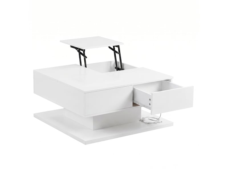 Table basse relevable 72x72 cm – blanche – led app, rangement à clapet et 2 tiroirs haute brillance - Conforama D