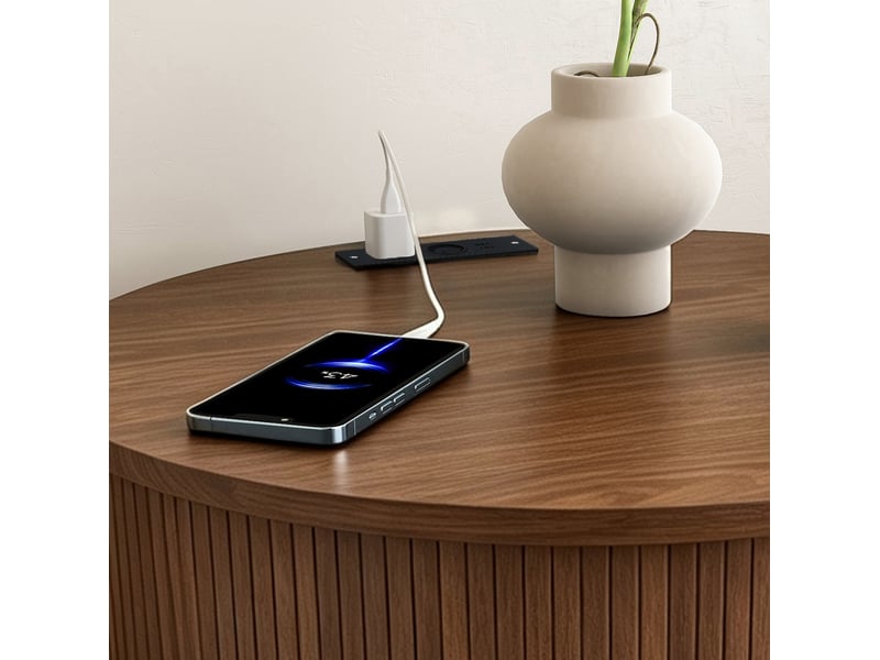  Table de chevet ronde avec prise et 2 usb 60x60x60 cm mdf finition noyer  - Conforama R