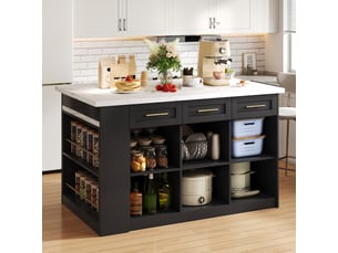 Îlot de cuisine multifonction noir avec table extensible 150cm