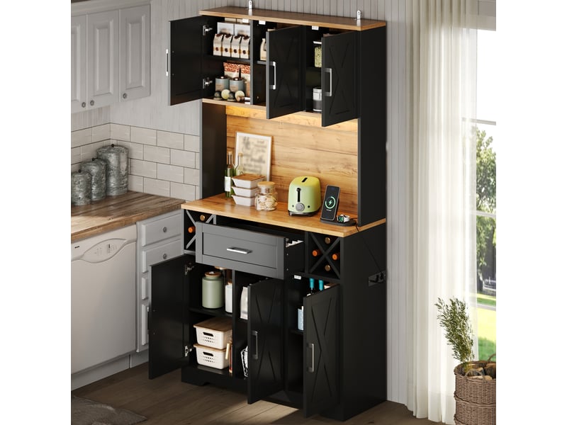  Vaisselier haut meuble de cuisine avec éclairage led rgb range bouteilles et prises électriques 105x40x180 cm  - Conforama W