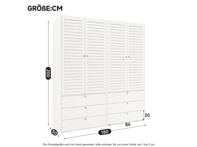  Armoire 4 portes avec 6 tiroirs et 2 tringles à vêtements, portes à lamelles blanches pour chambre 180 × 50 × 200 cm  - Conforama C