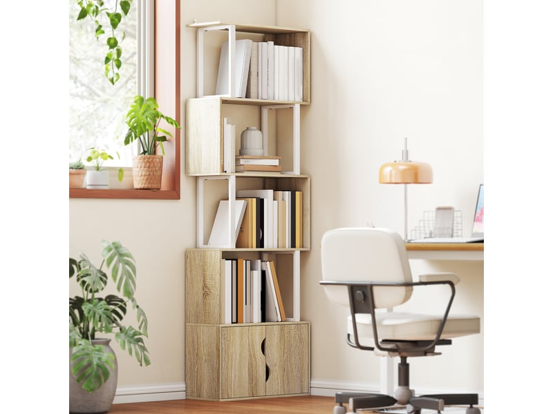 Bibliothèque à 5 niveaux, meuble de rangement avec étagères et placard double porte, 60 x 23,8 x 179,2 cm, bois naturel - Conforama C