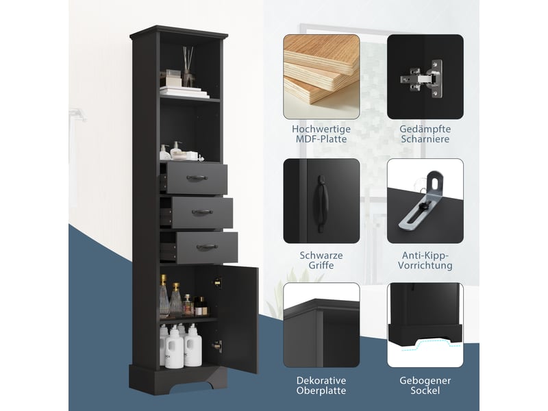  Colonne de salle de bain 1 porte 3 tiroirs mdf noir 38 x 26 x 172,5 cm  - Conforama D