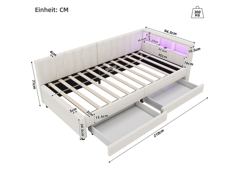  Modenvie lit banquette 90x200 cm - avec tiroirs, niches, led et ports usb-c, sans matelas - beige  - Conforama C