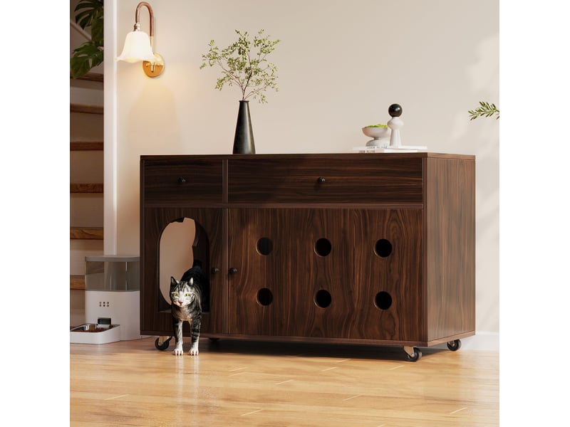  Meuble buffet 100x45x66 cm avec espace de rangement, 2 tiroirs, 2 portes, MDF, couleur noyer  - Conforama E