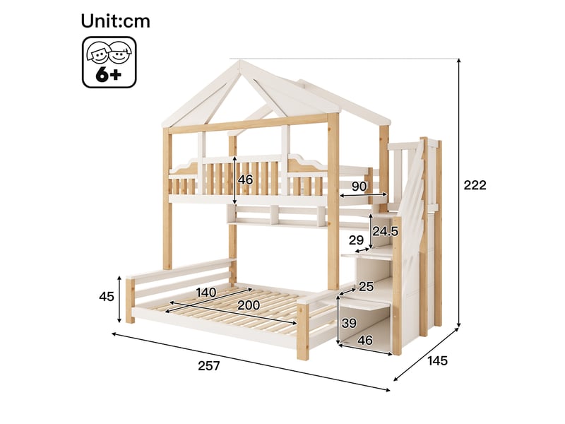  Lit superposé enfant cabane 90x200 et 140x200 cm avec escalier de rangement, blanc et bois naturel  - Conforama E