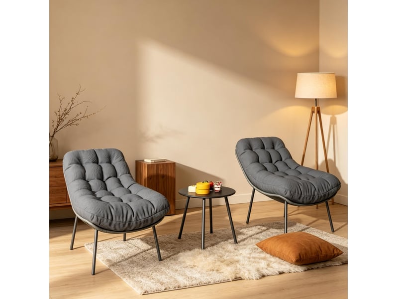 Salon de jardin 2 places 66x99x73 cm – gris – 2 fauteuils, table ronde et coussins épais 15 cm extérieur - Conforama D