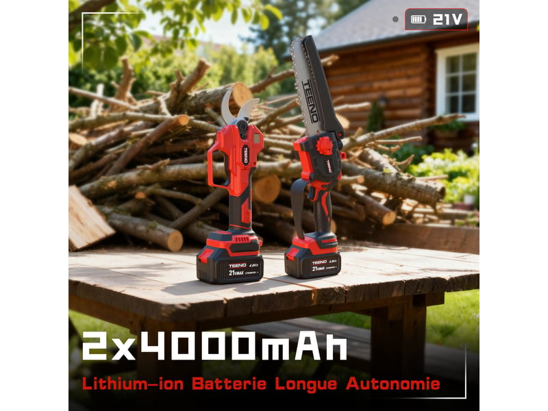  Mini‑scie sans fil 600 w 6 pouces + sécateur électrique 40 mm, 2 batteries 4,0 ah incluses  - Conforama C