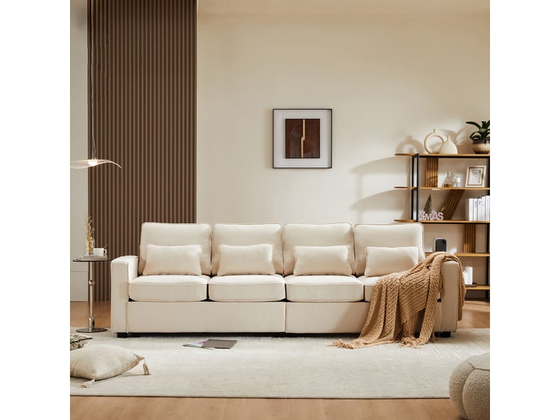  Canapé droit 4 places en tissu lin beige avec coussins et pochettes de rangement pour salon moderne  - Conforama B