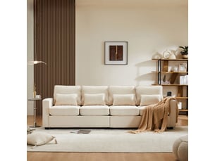 Canapé droit 4 places en tissu lin beige avec coussins et pochettes de rangement pour salon moderne