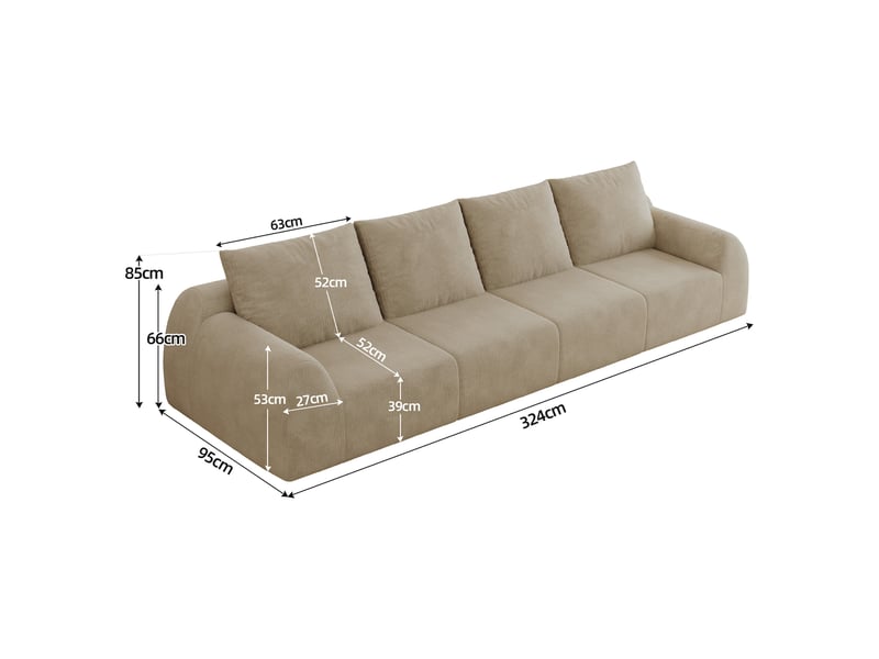  Canapé droit 4 places, canapé compressé en chenille, 324 x 95 x 85cm, mousse haute élasticité, kaki  - Conforama C