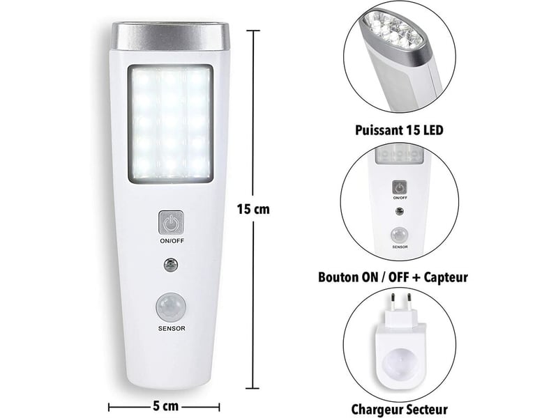  Lampe torche à détecteur de présence angle détection 60° 15 led rechargeable batterie 3,7 v 15 cm blanc  - Conforama D