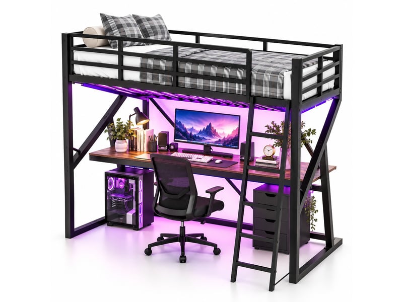 Lit mezzanine enfant 90 x 200 cm en métal avec bureau, éclairage led, échelle et garde-corps, gain de place, noir - Conforama A
