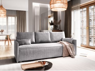 Canapé droit convertible <strong>MASSENO</strong> <strong></strong> 3 places Velours côtelé gris avec coffre de rangement