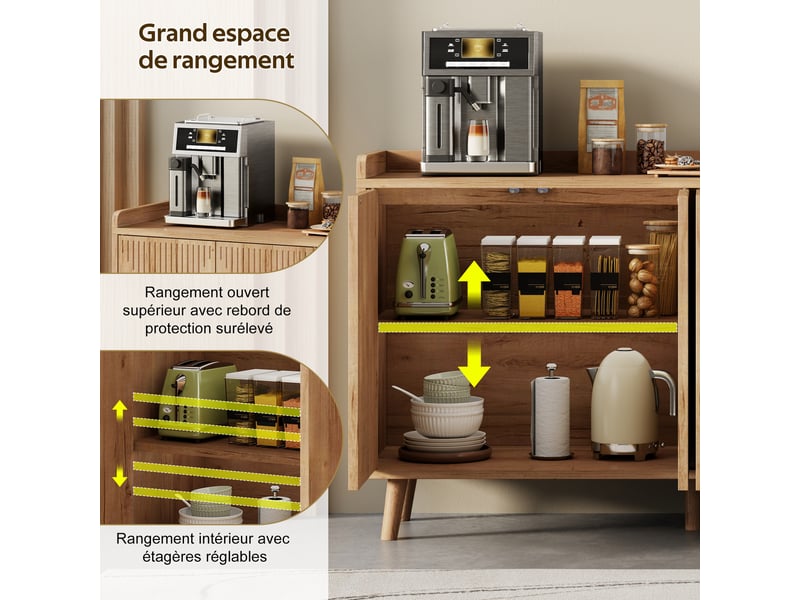  Buffet 4 portes avec étagères réglables pour salle à manger en mdf 140×40×84 cm naturel  - Conforama D