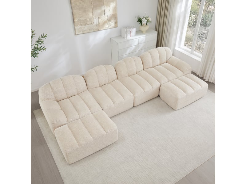  Canapé d’angle modulaire 4 places avec ottoman et assise profonde, en tissu beige blanc  - Conforama D