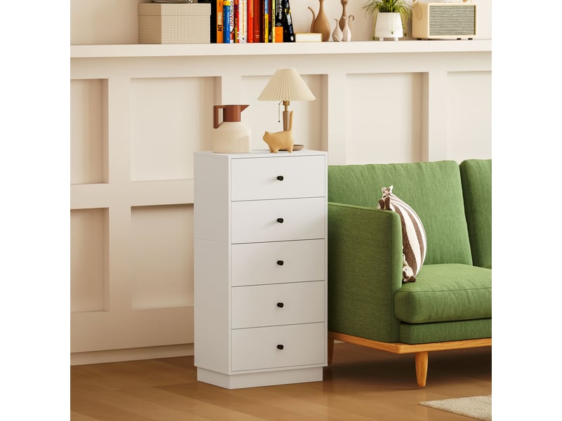  Commodebuffet à 5 tiroirs, en bois composite de style moderne, 47 x 29 x 95 cm, blanc  - Conforama D