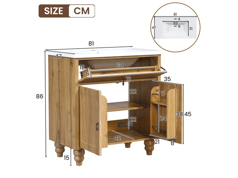 Meuble sous vasque 81x47x86 cm - grand rangement - mdf - mobilier fonctionnel - vasque intégrée - rangement sous lavabo - bois naturel CozyNest - Conforama D