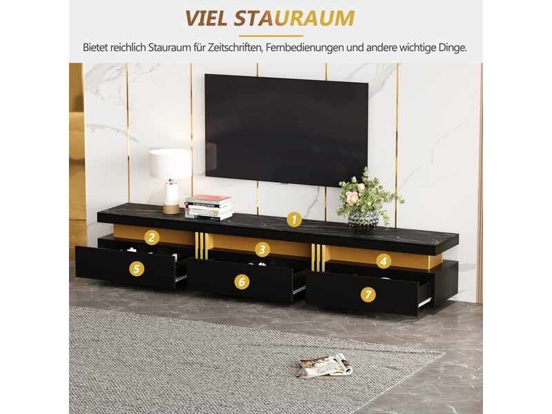  Meuble tv effet marbre noir 200 cm avec trois tiroirs, pour téléviseur jusqu'à 90 pouces, rangement et passe-câbles  - Conforama W