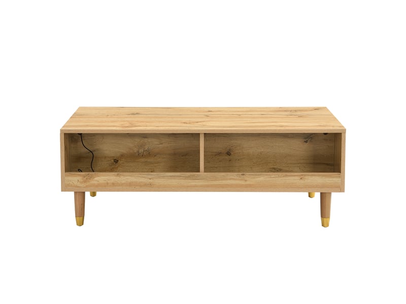  Table basse led moderne, plateau ondulé, pieds dorés effet bois, 2 tiroirs, éclairage led multicolore  - Conforama A