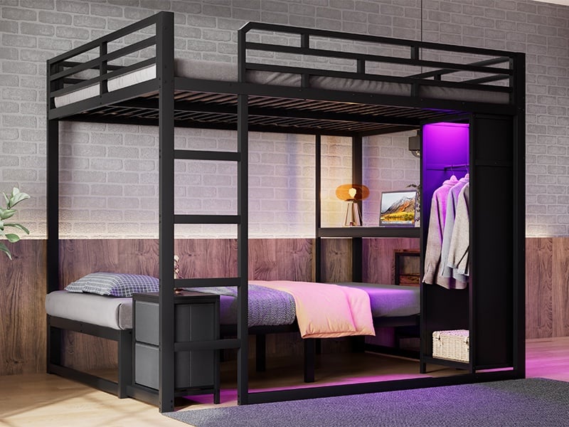  Lit superposé en métal, 140 x 200 cm + 90 x 200 cm, noir, avec table de chevet mobile, espace penderie et éclairage led  - Conforama B