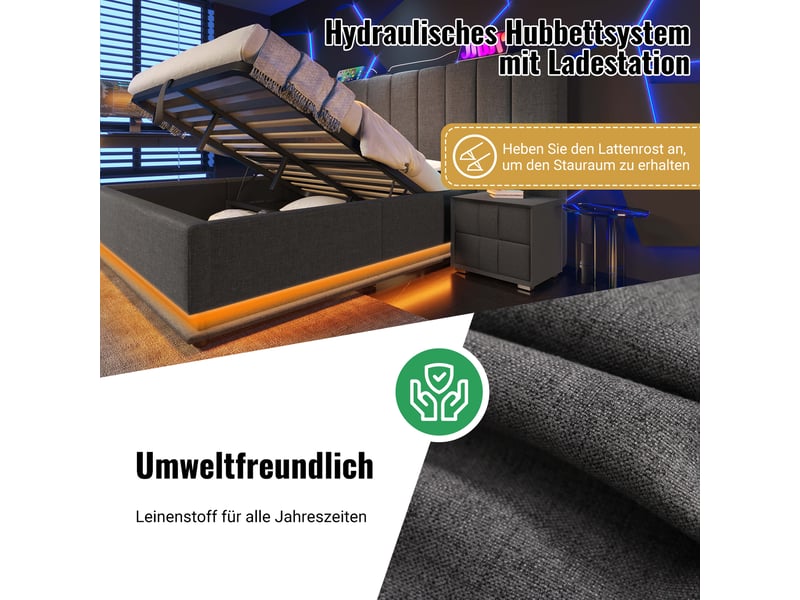  Lit rembourré 180x200 rayofi, coffre de rangement hydraulique, led 360° contrôlable, ports usb-c et usb, cadre à lattes, lin pu gris, matelas inclus  - Conforama W