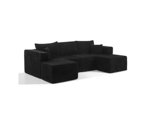 Canapé d'angle modulaire 3 places avec ottomans mobiles, porte-gobelets et poches en velours côtelé noir