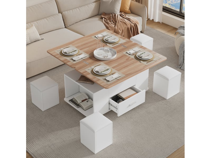  Table basse relevable 100x50x45 cm avec 4 tabourets et tiroir en panneaux de particules blanc naturel  - Conforama C